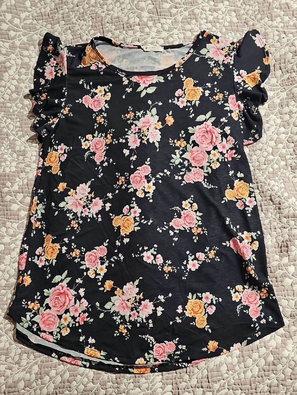 Floral Ruffle Sleeve Blouse - Black with Pink & Yellow Roses